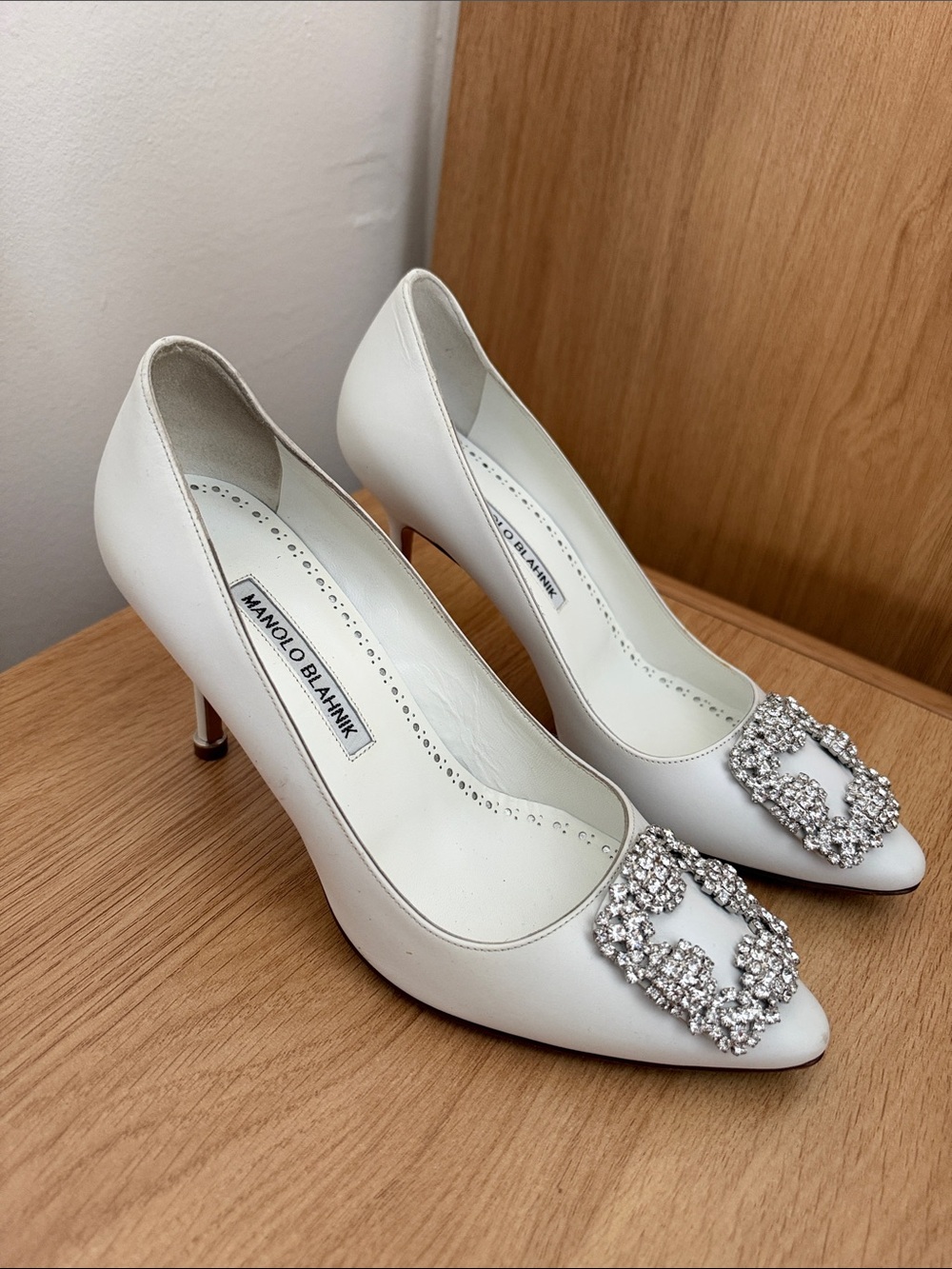 Manolo Blahnik Ivory Satin Crystal Buckle Pumps